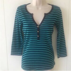 J. Crew Perfect Fit Navy Aqua Stripe Cotton 3/4 Sleeve V Neck Henley Tee Shirt S